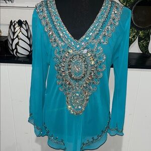 Embellished Turquoise V-Neck Top